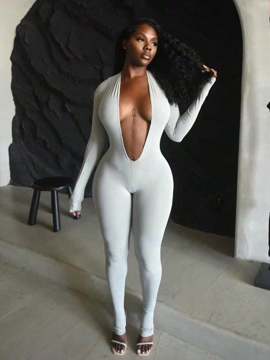 Women's Fashion Sexy Backless Deep V Long-Sleeved Solid Color Tight Jumpsuit - Xám - Xem 1