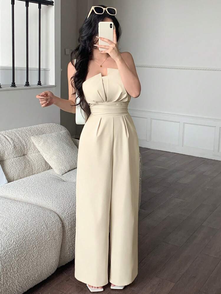 abyoxi Mono de pierna ancha con cintura fruncida, sin tirantes y sin espalda, en color albaricoque, sexy y elegante, minimalista y retro, para uso casual, diario, citas, primavera/verano - Albaricoque - Añade 1