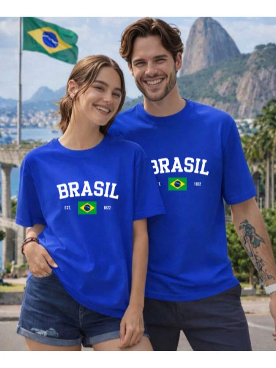 Couple's T-Shirt Kit With Brazil Print, 100% Cotton, Basic Cup, Street Sports - 藍色 - 查看 1