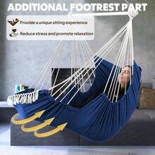 Columpio Colgante para Silla con Hamaca, 2 Cojines, Barra Duradera, Tejido de Algodón Suave, Bolsillo Lateral, Borlas, Reposapiés Grande y Soporte - Azul real-barra separadora metálica - Ver 5