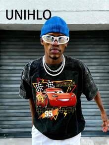 Disney UNIHLO   Lightning Mcqueen   Printed Summer Heavyweight Retro Washed Street Fashion Casual T-Shirt - màu đen - Xem 3