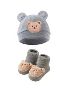 2件套可爱熊毛绒娃娃帽子和袜子套装，适合秋冬季 - 2pcs - 查看 5