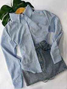 Polyester Button-Down Shirt, Everyday Wear, Spring/Summer/Winter - 淺藍色條紋 - 查看 3