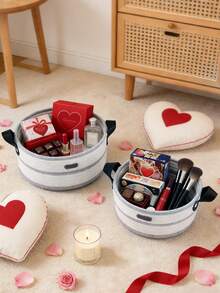 New Round Woven Storage Basket With Leather Handles, Ins Style Desktop Organizer Basket For Cosmetics, Toys, Suitable For Living Room, Bedroom, Versatile Storage Basket, Ideal For Valentine's Day Gift - Multicolor - View 5