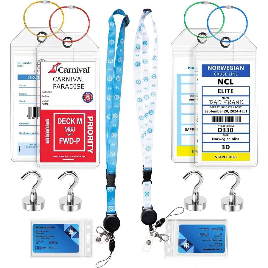 Kreuzfahrt Gepäckanhänger Set: Einziehbarer Ausweishalter, wasserdichter Gepäckanhänger, Kabinen-Magnethaken, schwerer und starker Magnethaken - A - Übersicht 1