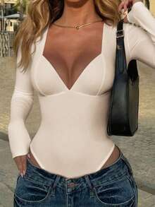 Vaiaye 女士性感 Y2K 修身针织黑色连体衣，V 领长袖春夏连体衣，优雅 - 杏色 - 查看 5