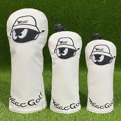 3pcs/Set WAAC Brand White Leather Creative Cartoon Expression Golf Club Head Covers, Suitable For Wood, Iron And Putter Clubs, Protective Covers