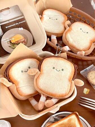 Cute Toast Shaped Coin Purse With Keychain Attachment (No Keyring) - Lightweight, Perfect For Backpacks, Earphones And Small Item Storage