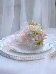 Artificial Rose Bouquet, Forest Style Fake Rose Ball Decorated With Green Leaves And Lace Ribbons, Perfect For Weddings, Engagements, Bridal Bouquets, Valentine's Day, Birthday Gifts, Photography Props, Wedding Decor, And Home Decor. - Multicolor - View 6