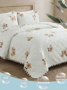 三件套花卉印花四面荷叶边床上用品套装（1个床裙+2个枕套，不含枕芯），柔软亲肤，适合日常使用，适用于卧室、主卧、客房，四季皆宜。 - 彩色 - 查看 3