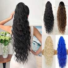 耐热合成纤维长波浪马尾辫，适合女性日常佩戴 - 有深棕色、黑色、蓝色、金色可选 - 彩色 - 查看 2