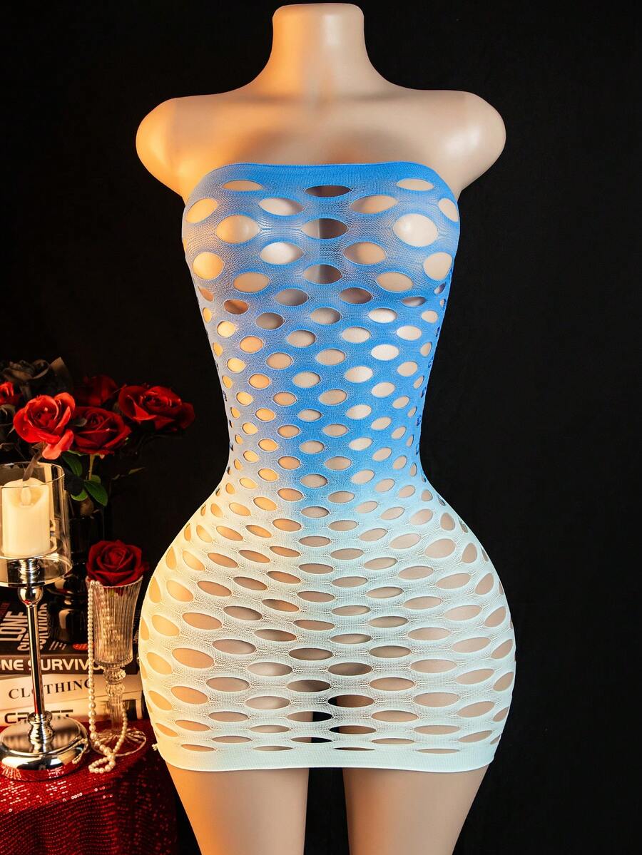 Sexy Ombre Blue & White Hollow Out Strapless Mini Dress, Suitable For Party Night - Blue - View 1