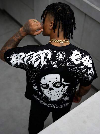 Vintage City Boy Rockstar Streetwear Graphic T-Shirt, Black Loose Fit Short Sleeve Round Neck Top, Double-Sided BREMER Print, Cotton Fabric, Gothic Dark Aesthetic Daily Wear