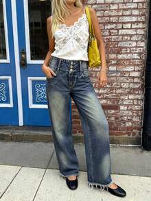 Jeans rectos de tiro bajo lavados para mujer, de corte holgado, casuales para ir al trabajo y uso diario, Día de San Valentín - Azul desgastado - Ver 9