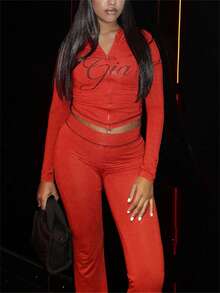 Spring And Summer Leopard Print 2 Pieces Set Causal Street Outfits Women Y2K Fashion Long Sleeve Zip Hooded Crop Tops Pants Set - 紅色 - 查看 8