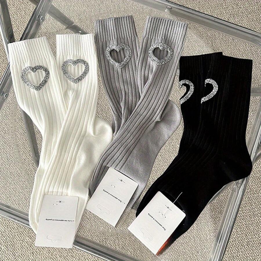 A Pair Of Spring And Summer Fashion Design Heart-Shaped Rhinestone Hollow Mid-Calf Socks, Versatile Style Suitable For Women To Wear - 1對-灰色B - 查看 1