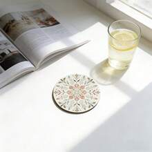 6pcs/Set Bohemian Floral Pattern Round Wooden Coasters, Decorative Drink Coasters For Beverages, Wine And Beer, Home And Party Decor, Great Housewarming Gift, Coffee Table Decoration | Bohemian Style | Wooden Coasters, Available In 1 Set, 2 Sets Or 3 Sets - White - View 6