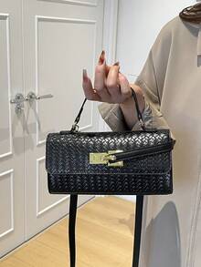New Solid Color Woven Diagonal Zipper Crossbody Bag, Shoulder Bag, Baguette Bag, Evening Bag, Party Bag - Black - View 2