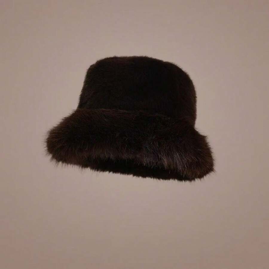 1pc Faux Fox Fur Bucket Hat, Faux Mink Fur Thick & Versatile High-End Fashion Cap