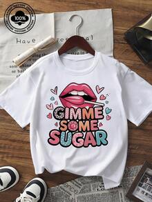 Valentine's Day Women's Short Sleeve Graphic T - Shirt Casual Loose Fit Crew Neck Top With Cute Lip & "GIMME SOME SUGAR" Letter Print Black Tee For Holiday Party Dating Daily Wear  Fashion - 白色 - 查看 1