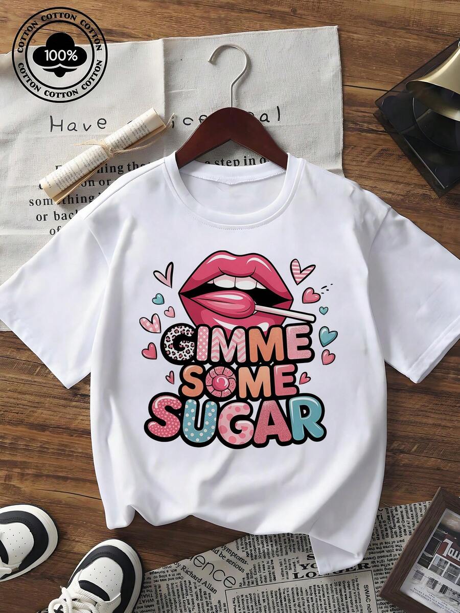 Valentine's Day Women's Short Sleeve Graphic T - Shirt Casual Loose Fit Crew Neck Top With Cute Lip & "GIMME SOME SUGAR" Letter Print Black Tee For Holiday Party Dating Daily Wear  Fashion - 白色 - 查看 1