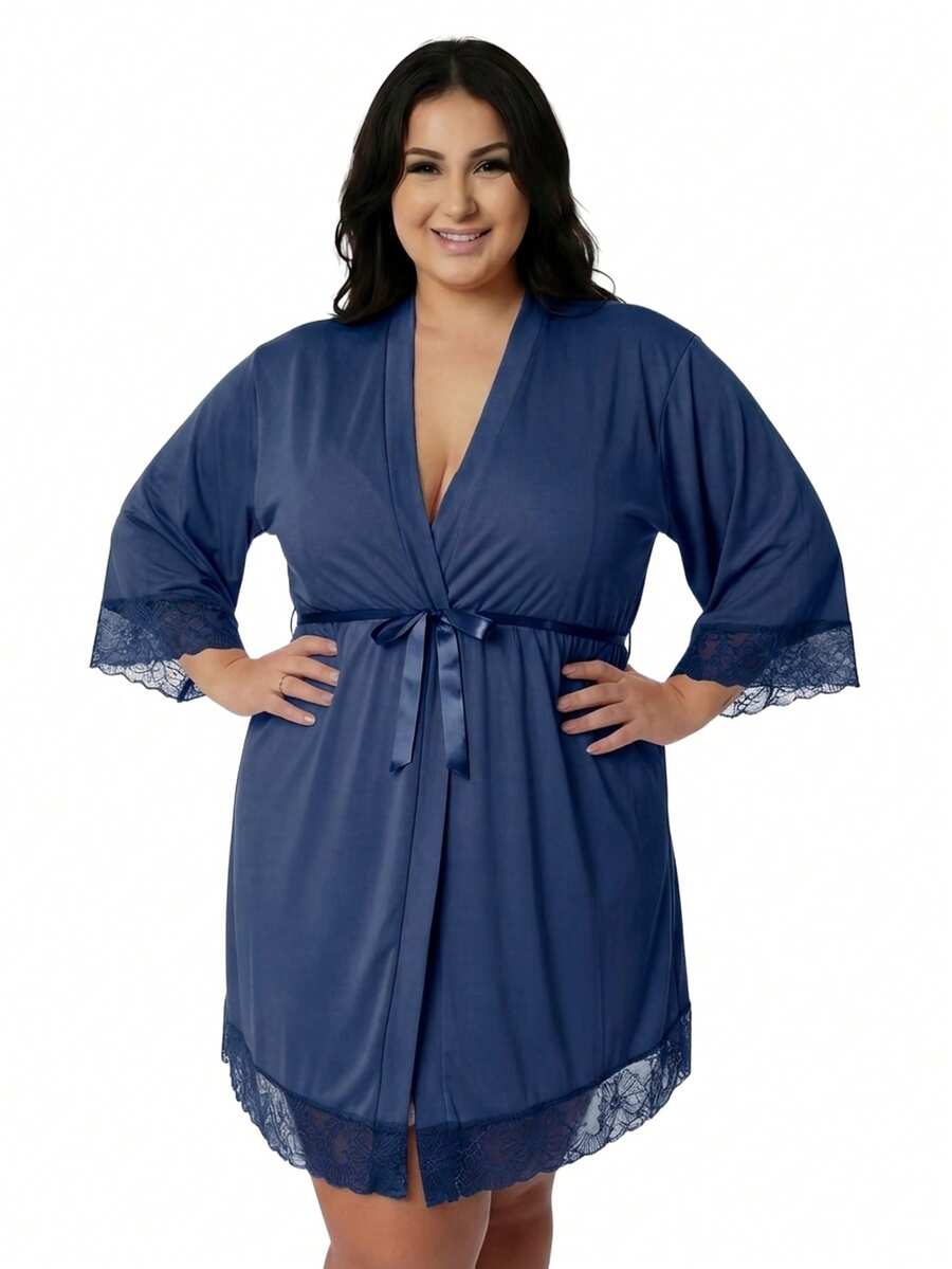 Women's Plus Size Robe In Romantic With Lace Detail And Satin Bow, Luxury, Comfortable, Navy Blue - Navy Blue - View 1