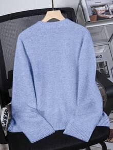 Áo len dệt kim cổ tròn màu xám kiểu dáng thường ngày dành cho nữ - màu xanh nhạt - Xem 4