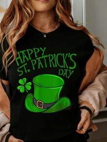 Happy St Patricks Day Green Hat And Clover T Shirt For Women St Patrick's Day Celebration Apparel Lucky Charm Design White Tee - màu đen - Xem 1