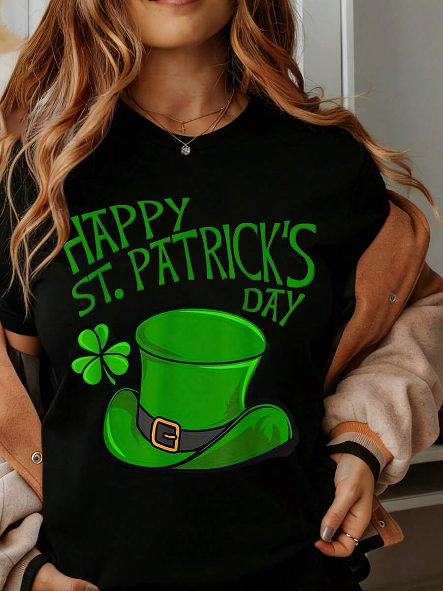 Happy St Patricks Day Green Hat And Clover T Shirt For Women St Patrick's Day Celebration Apparel Lucky Charm Design White Tee - màu đen - Xem 1
