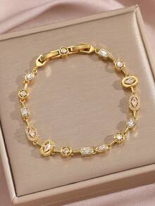 Shiny Mixed Cubic Zirconia Bracelet - Fashionable Chain Design In Gold Tone, Suitable For Everyday Wear And Parties - Gold - View 1