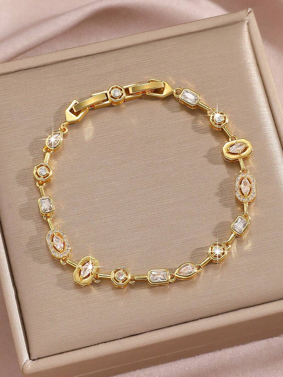 Shiny Mixed Cubic Zirconia Bracelet - Fashionable Chain Design In Gold Tone, Suitable For Everyday Wear And Parties - Gold - View 1