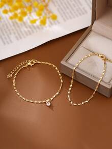 2pcs/Set Valentine's Day/Mother's Day Girl's Fashion Minimalist Heart-Shaped Copper Pendant Multilayer Bracelet Jewelry Gift