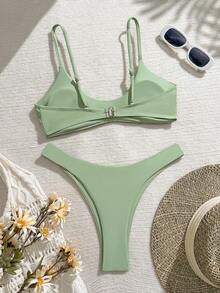 性感抹胸比基尼套装，女士休闲泳装，带搭扣细节，中等弹力 - 軍綠色 - 查看 6