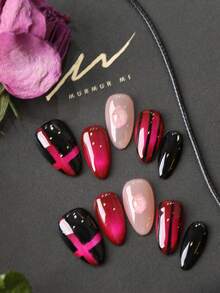 10pcs Acrylic Press On Nails Almond Nails Black Rose Pink Cat's Eye Stripe Nails Press On Faux Ongles Handmade Press On Nails Short Acrylic Nail Kit Nail Art Office DailyWear False Nails Artificial Nails Kit Includes 1sheet Adhesive Tabs &1 Pc Mini File - Multicolor - View 4