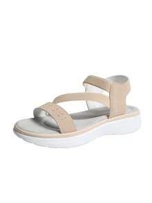Women's Fashion Round Toe Open Toe Summer Oversized Striped Hollow Comfortable Slip-On Hook And Loop Sports Sandals - Beige - View 9