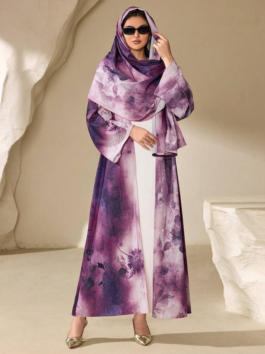 女士优雅花卉印花扎染宽松前开式阿拉伯长袍，配围巾，优雅长袍，适合春假、海滩、婚礼宾客、生日、暑假等场合。 - 彩色 - 查看 1