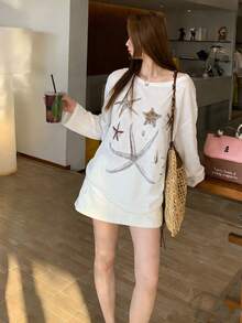 轻薄透气的海星印花宽松长袖T恤，休闲时尚 - 白色 - 查看 2