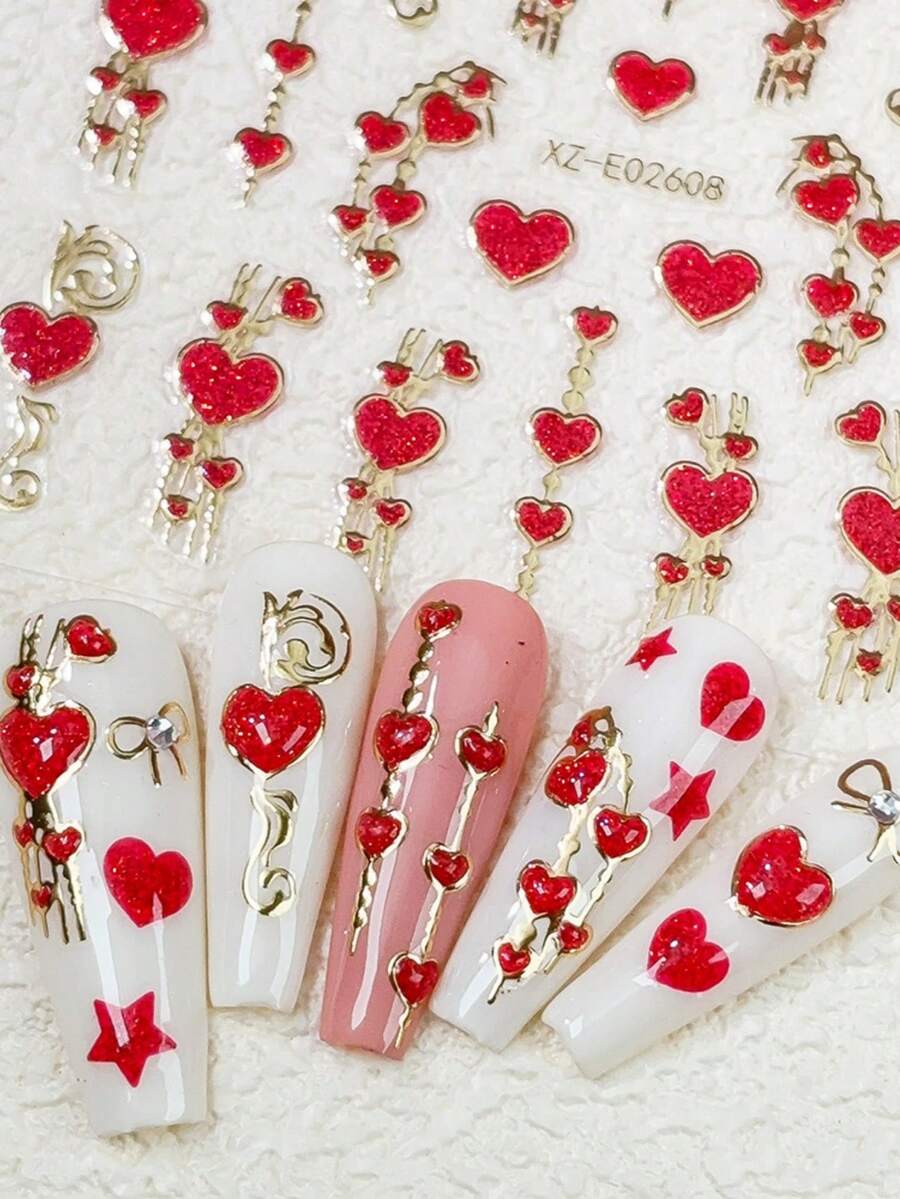 1pc Gold & Red Love Star Moon Totems Nail Art Stickers 5D Valentine's Day Glitter Heart/Red Lip/Bow Nail Decal Manicure Supplies - Multicolor - View 1