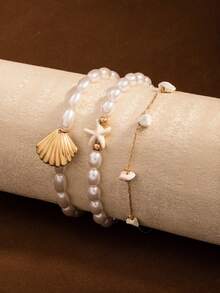 3er/Set modisches Fußkettchen mit Kunstmuschel & Seestern Perlen und Kette, Damen Urlaubs-Lässig-Mode Fußkettchen Schmuck - Stil 1 - Übersicht 6