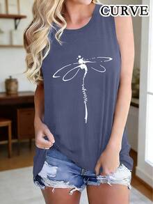 Camiseta de tirantes con estampado de libélula, talla grande, estilo casual de verano - Azul - Ver 1