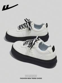 1双 WARRIOR 女士厚底系带软底休闲鞋，低帮户外平底鞋，圆头低跟优雅软底徒步鞋，适合学生、毕业照穿着，平底皮质休闲运动鞋 - 米白/黑 - 查看 3