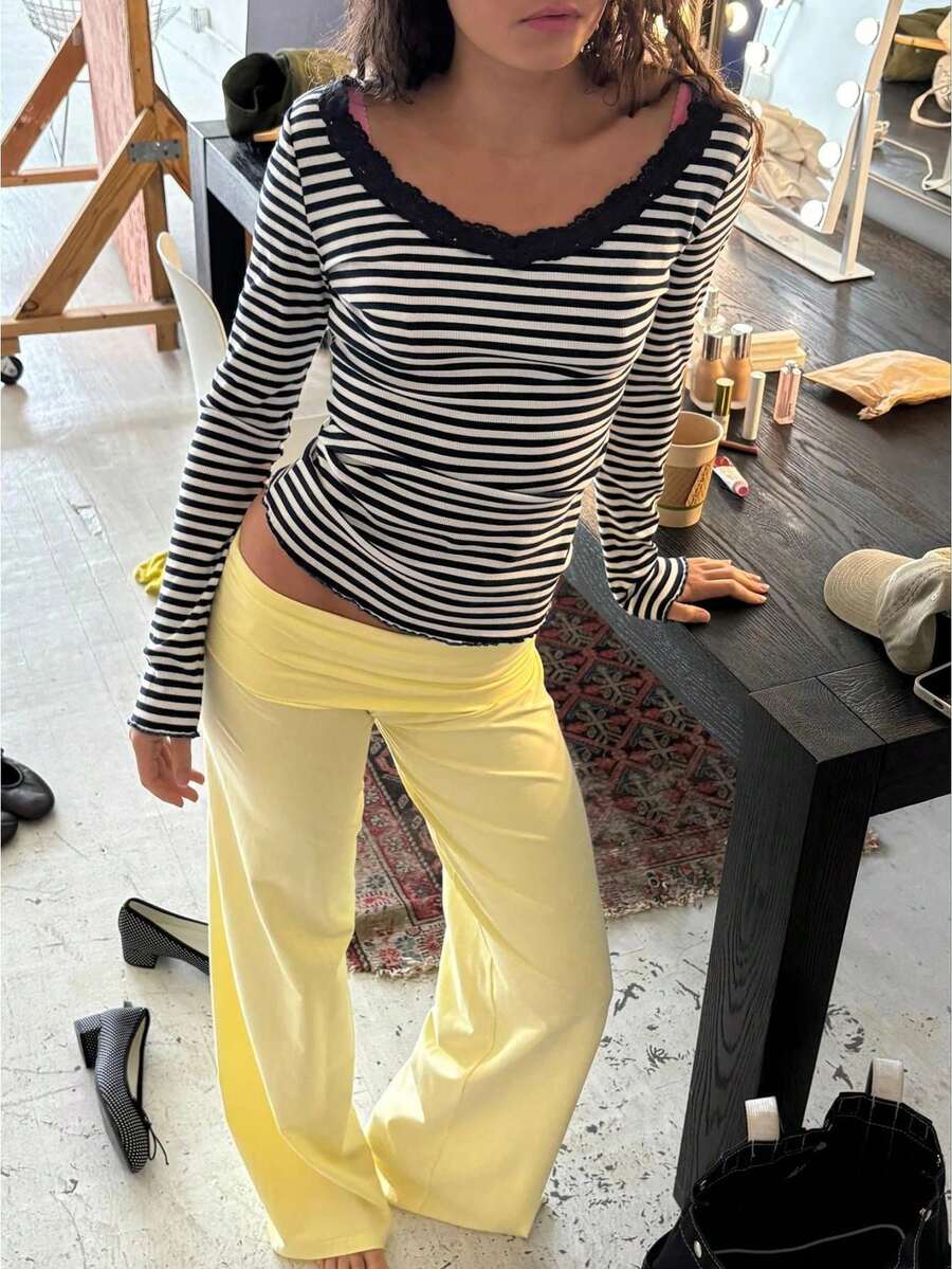 Women Wide Leg Pants Solid Color Fold Over Waist Casual Trousers Spring Fall Loose Sweatpants Bottoms - Màu vàng - Xem 1