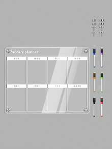 一套磁性亚克力白板，磁性冰箱留言板，透明白板，适用于计划、展示、日历，配有6支白板笔和磁性螺丝。