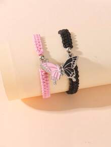 2 piezas Pulsera de magnética trenzada ajustable con dije de mariposa de aleación - Mariposa - Ver 3