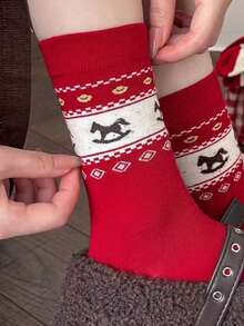 4 Pairs Retro Striped, Polka Dot, Floral Mid-Calf Socks, Versatile Korean Style - Red - View 4