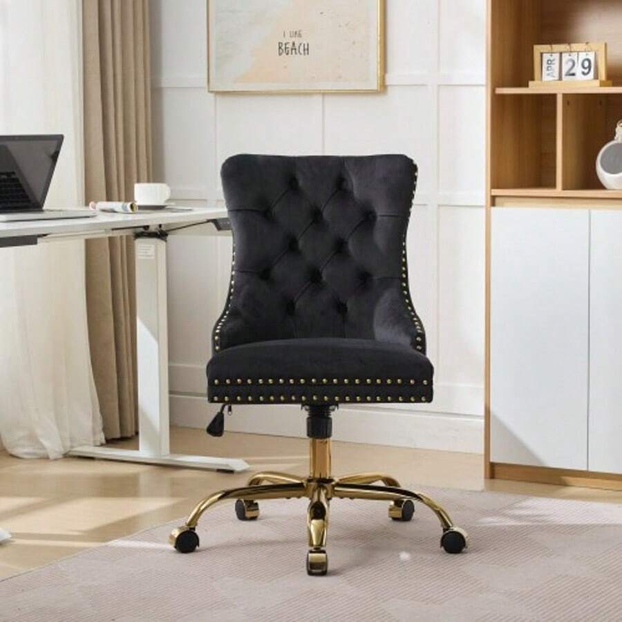 Modern Office Chair, Upholstered In Tufted Velvet, With A Gold Metal Base, Adjustable And Swivel (Black), DE1923BK - Black - View 1
