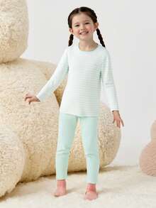 Bộ đồ lót giữ nhiệt cho bé gái, chất liệu cotton mềm mại, thoải mái, thích hợp mặc trong mùa xuân/thu. - tông màu trắng xanh - Xem 3