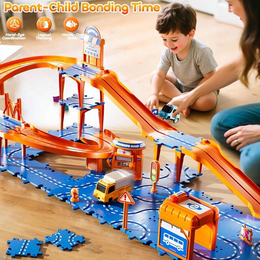[Orange & Blue] 4-Tier Race Track Puzzle Kids Car Track Set For Kids 3+ With 3 Cars, Vehicle Toy Transportation Parts, Toddler Truck, Floor Puzzle Track Car Gift For Boys And Girls 3 4 5 6 7 8 Years Old - 藍色 - 查看 1