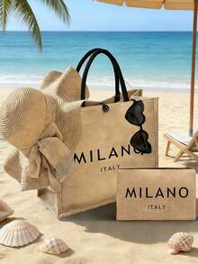 Bộ 4 túi đi biển, thiết kế in chữ "MILANO ITALY" độc đáo. Túi tote cỡ lớn tối giản kèm túi đựng mỹ phẩm di động, mũ chống nắng khoét lỗ mùa xuân/hè, kính râm hình trái tim màu đen, mũ xô phong cách Bohemian và mũ len rộng vành thoáng khí. Túi đựng mỹ phẩm di động. - Nhiều màu - Xem 15