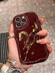 Cream Textured Wine Red Horse Painted Anti-Drop Phone Case Protective Cover Compatible With IPhone 14, 14 Pro, 14 Pro Max, 13, 13 Pro, 13 Pro Max, 11, 11 Pro Max, 12, 12 Pro, 12 Pro Max, XR, XS, 15, 15 Pro, 15 Pro Max, 16, 16 Pro, 16 Pro Max, 17, 17 Pro, 17 Air, 17 Pro Max, Premium Anti-Drop Phone Case - Multicolor - View 1